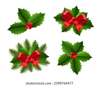 Holly Berry Set Isolated White Background With Gradient Mesh, Vector Illustration