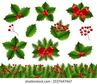 Holly Berry Definir Fundo Branco Isolado Com Malha De Gradiente, Ilustração De Vetor