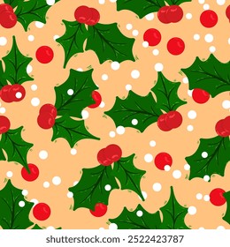 Holly Berry y el patrón sin fisuras de la nieve, patrón inconsútil de Festiva, diseño para el contenido de las Navidades,