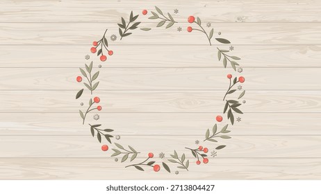 Holly berry and snowflake circle frame decoration on cut timber whitewashed texture background graphic illustration have blank space.
