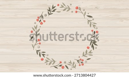 Holly berry and snowflake circle frame decoration on cut timber whitewashed texture background graphic illustration have blank space.