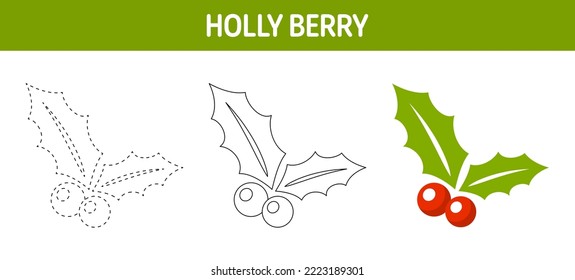 Holly Berry tracing and coloring worksheet for kids