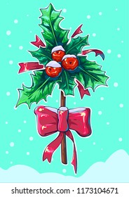 Holly berry vector comic,  Merry Christmas. Happy New year. Hand made art with modern fresh color palette. neon lights. Snow flakes. red, green. Gloss bow. Funny mood. Tape. Snowdrift