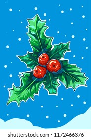 Holly berry vector comic, mistletoe. Happy New year. Merry Christmas hand made art with modern fresh color palette. neon lights. Snow flakes. red, green. Gloss bow. Funny mood. Tape.