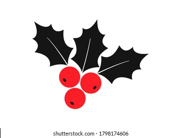 Holly berry vector icon Christmas symbol, holiday plant isolated on white background, winter illustration. Red and black colors. 