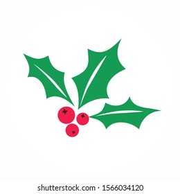 Holly berry vector icon. Merry Christmas symbol illustration isolated on white. Flat red mistletoe berries with green leaves.