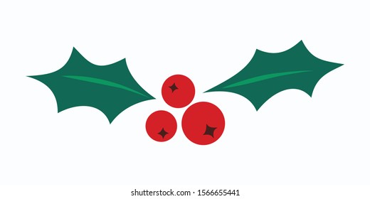 Holly berry vector icon. Merry Christmas symbol illustration isolated on white. Flat red mistletoe berries with green leaves.