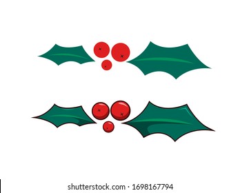 Icono vectorial de la baya. Merry Christmas, ilustración aislada en blanco. Bayas de mistletoe rojas planas con hojas verdes.