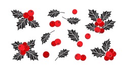Holly Berry Сhristmas Vector Icons, Season Decoration Set, Winter Plants. Holiday Illustration