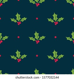 Holly berry vector seamless pattern. Christmas background with mistletoe berries, green leaves, dots on black backdrop. Traditional winter holiday symbol. Elegant texture. Repeat decorative design