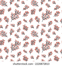 Holly berry vector seamless pattern. Winter nothern plants with red berries pattern on white background