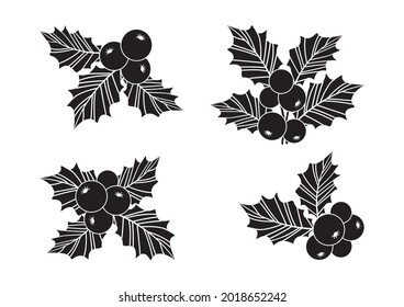 Holly berry vector set, Christmas icon, sprig with leaves, holiday plant decoration. Simple illustration