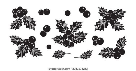 Holly berry vector set, Christmas icon, sprig with leaves, holiday plant decoration. Simple illustration