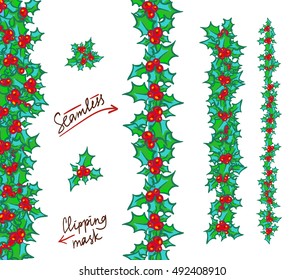 Holly borders and garlands. Vector hand drawn background, design element for Christmas and New Year greeting card or banner. Holly with berry, isolated on white