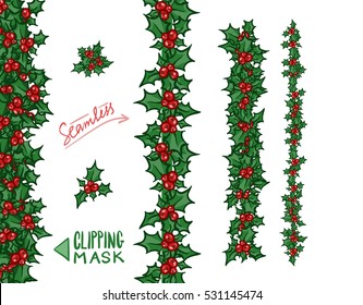 Holly borders and garlands. Vector hand drawn design elements, set for Christmas and New Year greeting card or banner. Holly with berry, isolated on white