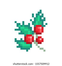 Holly branch with 3 red berries and 3 spiked leaves, pixel art icon isolated on white background. 8 bit Ilex twig icon. Old school vintage retro slot machine/video game graphics. Christmas plant decor