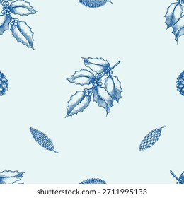 Holly branch seamless pattern for wallpaper Christmas wrapping or packaging in blue colour hand drawn engraving retro style.