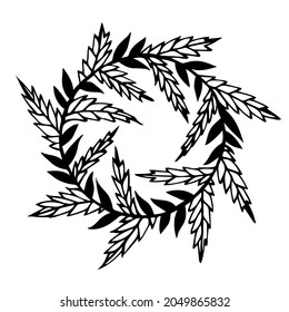 Holly branches and leaves wreath vector icon. Hand-drawn doodle. A garland of veined leaves and stems. Black-white element for decoration and design of cards, printing, textiles, invitations.