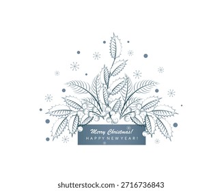 Ramas de acebo, pinos. Navidades saludando. Felices Navidades y Feliz Año Nuevo. Composición gráfica para una postal o cartel. Acebo con bayas y ramas de abeto, reunidos en un ramo. Elegante Ilustración vectorial.