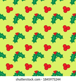 Holly se ramifica sin fisuras sobre un fondo amarillo. Patrón ininterrumpido de Navidad. Diseño de papel envuelto.
