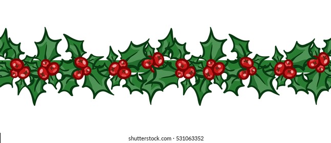 Holly bright seamless border. Vector hand drawn clip art, design element for Christmas and New Year greeting card or banner. Holly leaves and berry, isolated on white
