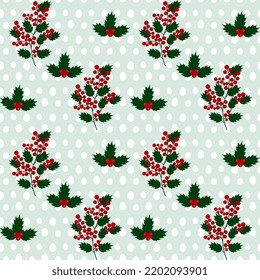 Holly Bush Loop. Vector seamless illustration of a holly bush on a bluish background with polka dots. Festive beautiful new year design