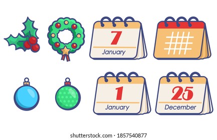 Holly and calendar pages on white isolated backdrop. Christmas sticker set for invitation or gift card, notebook, bath tile, scrapbook. Phone case or cloth print. Flat style stock vector illustration