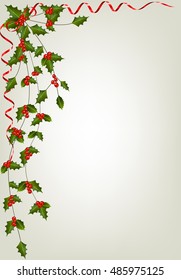 Holly Christmas Background with berries and red ribbon