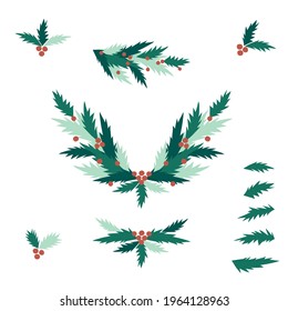 Holly Christmas berries frame arrangement vector clipart set isolated on white. Traditional red and green Xmas seasonal plant icon collection. Winter holidays evergreen graphic design.