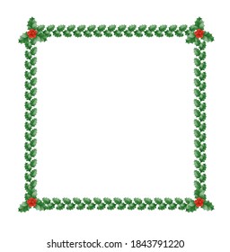  Holly Christmas border with green leaves and red berries. Christmas frame with holly. Vector illustration.