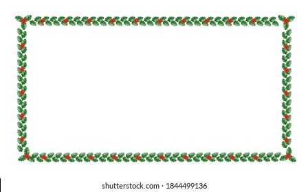  Holly Christmas Border With Green Leaves And Red Berries. Christmas Frame With Holly. Vector Illustration.