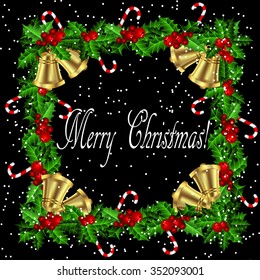 Holly Christmas frame with candy cane and bells isolated