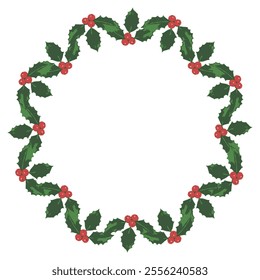 Holly Christmas Mistletoe round frame illustration on isolated white background