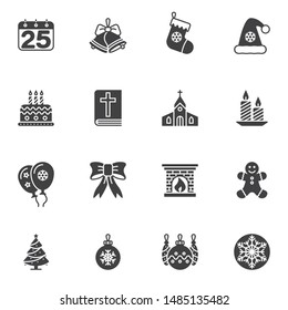 Holly Christmas vector icons set, modern solid symbol collection, filled style pictogram pack. Signs, logo illustration. Set includes icons as calendar, jingle bell, candle, gingerman, cookie, church