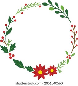 Holly Christmas wreath hand drawn illustration , Red and green flower decoration circle frame for text