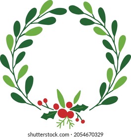 Holly Christmas wreath hand drawn illustration , Red and green flower decoration circle frame for text