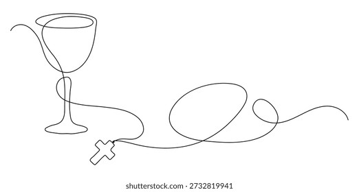 Santa Comunión. Cáliz con pan y cruz. Dibujo de línea continua. Concepto de religión cristiana. Borde del marco.