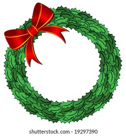 Holly crown with red bow isolated over white background