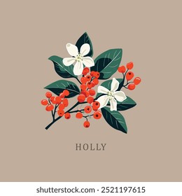 Holly. Dezember Geburtsmonat Blume. Geburt Blumen Vintage Blumenillustrationen, Retro-Blumenmarkt-Poster. Siebdruck Retro Groovy Trippy psychedelische Poster Art. Einfach minimal 1960er Jahre hell