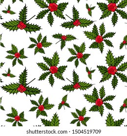 Holly endless pattern. Green leaves red fruits hand drawn art design element stock vector illustration for web, for winter holidays, for print, for wallpaper, for wrapping paper