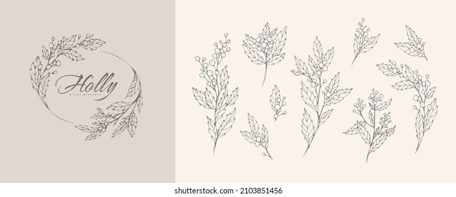Holly Floral logo and branch set. Hand drawn line winter plant, herb with elegant leaves for christmas invitation, save the date card. Botanical rustic trendy greenery