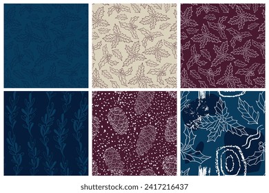 Holly Floral Seamless Pattern. Christmas seamless pattern with pinecones and snow texture. Holiday doodle fabric pattern, New year wrapping paper. Winter blue cones. Grunge vector illustration.