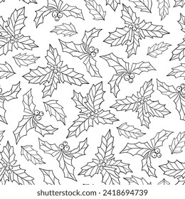 Holly Floral Seamless Pattern. Christmas seamless pattern with ilex. Holiday doodle, New year wrapping paper. Winter Grunge vector illustration for winter holidays, xmas wallpaper, fabric design