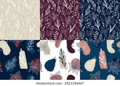 Holly Floral Seamless Pattern. Christmas seamless pattern with pinecones and snow texture. Holiday doodle fabric pattern, New year wrapping paper. Winter blue cones. Grunge vector illustration.