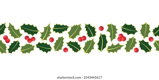 Holly garland seamless pattern with leaves and berries. Hand drawn garlands for Christmas frames and wreaths for greeting card, invitation design. Vector illustration on white background.