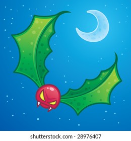 The holly goblin is a mystical creature with holly leaves for wings and a berry for a head. Drawn in a humorous cartoon style.