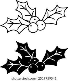 Holly Icons. Black and White Vector Icons. Berries and Leaves. Decoration for Christmas Parties