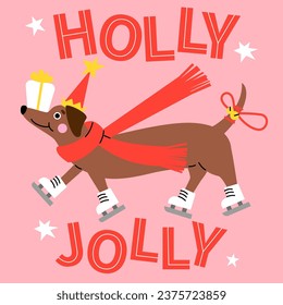 Holly JollCute cartoon dachshund puppy with a red hat and white ice skates. Hand drawn vector illustration. Funny Christmas dog character card template.