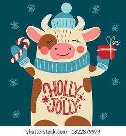 Holly Jolly. Zieh einen Hut mit Geschenk und Inschrift auf den Bauch. Grußkarten, Aufkleber, Banner, Drucke und Innendekoration sind großartig. Weihnachtskarte. Frohe Weihnachten 2021.