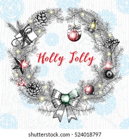 Holly Jolly calligraphy phrase in frame with various hanging Christmas ornaments such as Christmas bauble, heart, present, gift box, cone, toys, lights and fir tree branches with bows. Vector.